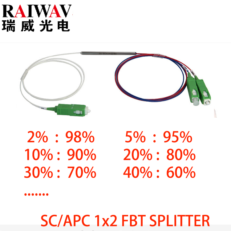 FTTH FTTX sx core Splitter FBT 1X2 fiber coupler Split Ratio 50/50 95/5 single window 1310nm, 0.9mm Steel tube type